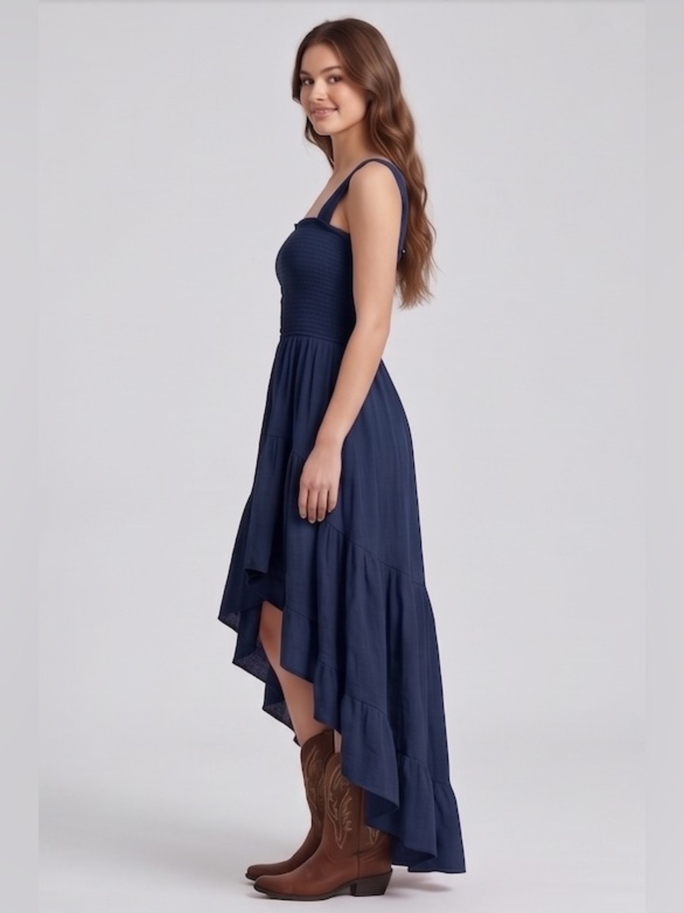 Strapless Smocked High-Low Maxi Dress with Buttons Navy - Picture 5 of 9